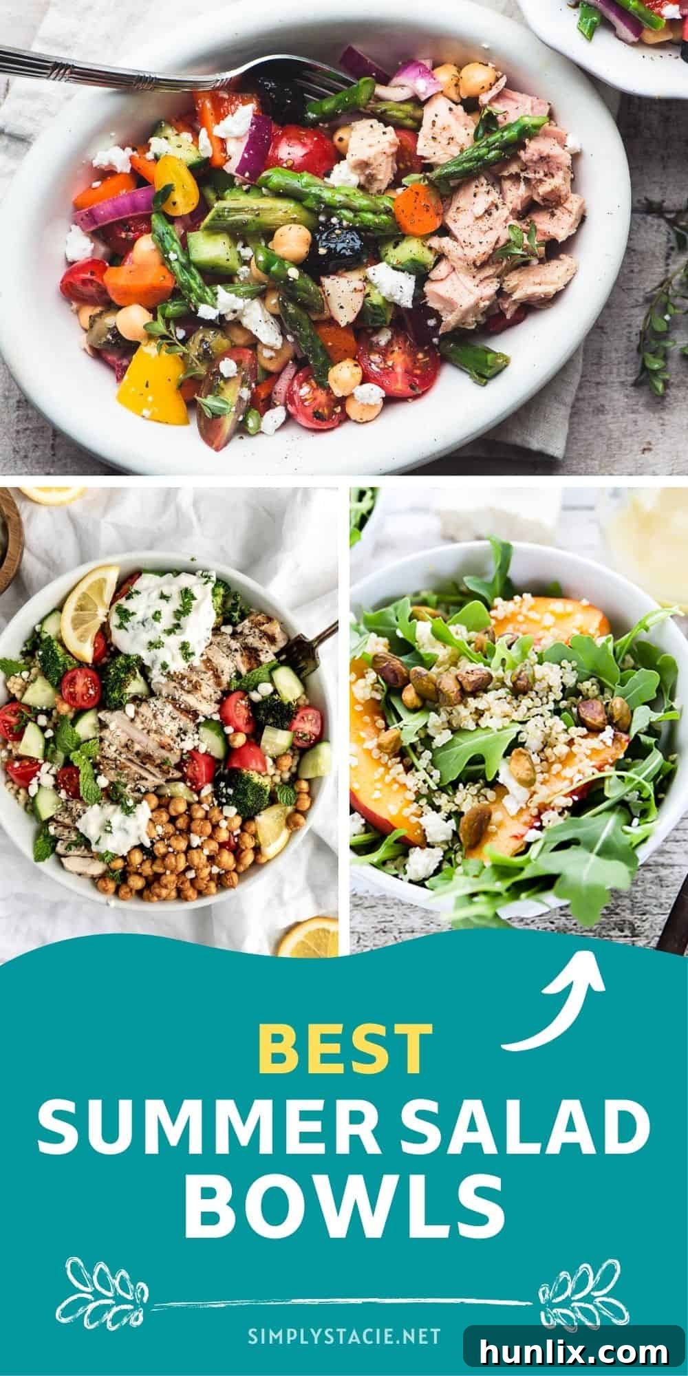 Collection of colorful and healthy summer salad bowls featuring fresh ingredients like various vegetables, fruits, and grains, perfect for light and nutritious meals.