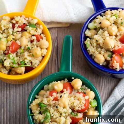 Simple quinoa chickpea salad made with wholesome ingredients, beautiful and filling, with an orange miso dressing.