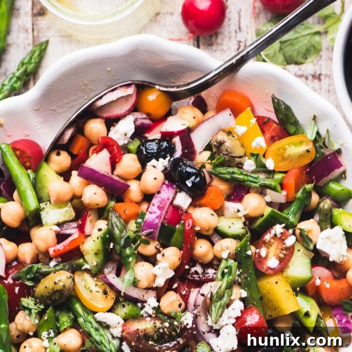 Healthy chopped asparagus salad, a perfect spring bean salad that can be transformed into a main course with canned tuna and hard-cooked eggs.