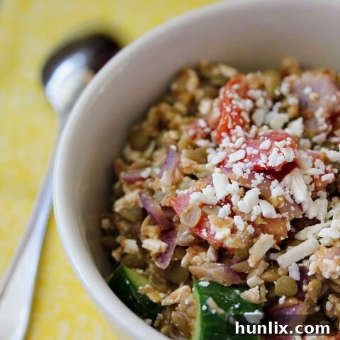 Easy warm lentil salad, perfect as a main dish or side, topped with tomatoes, cumin, ginger, cucumbers, and feta cheese.