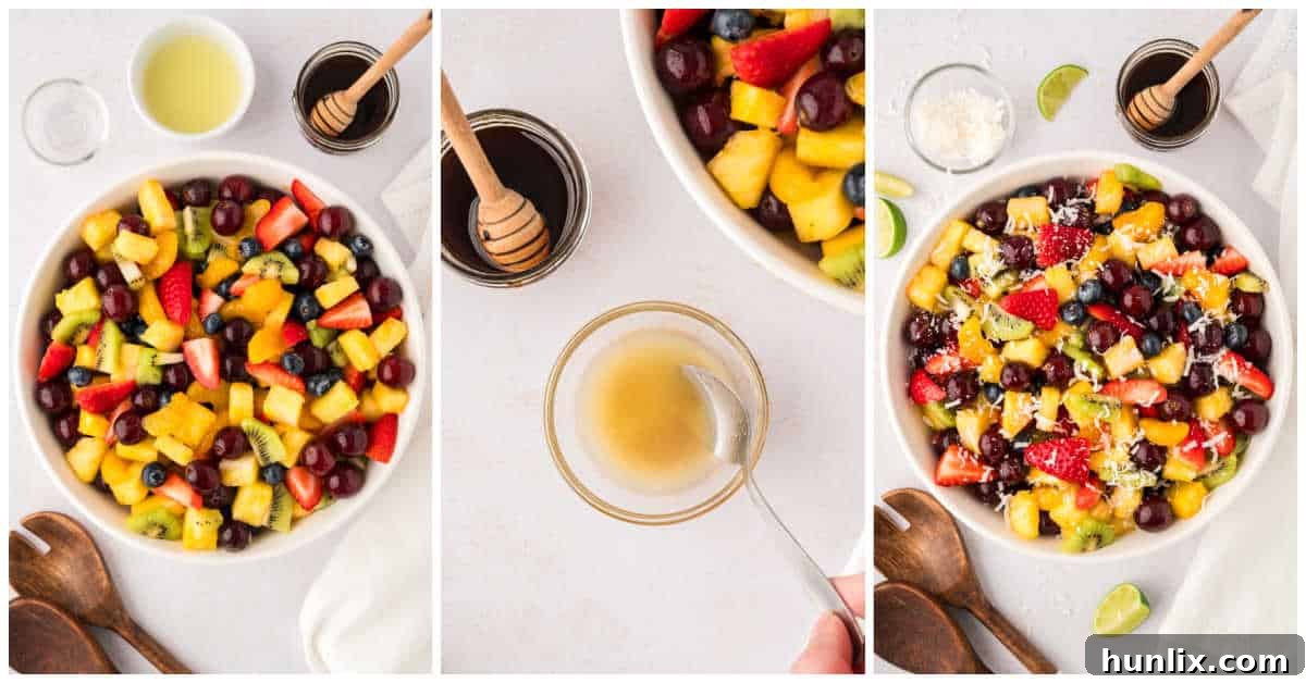 Three step-by-step images showing the preparation of rainbow fruit salad, from mixing fruits to adding dressing.