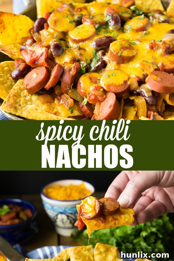 Spicy Chili Nachos collage showcasing different angles of the delicious, hot, and spicy appetizer.