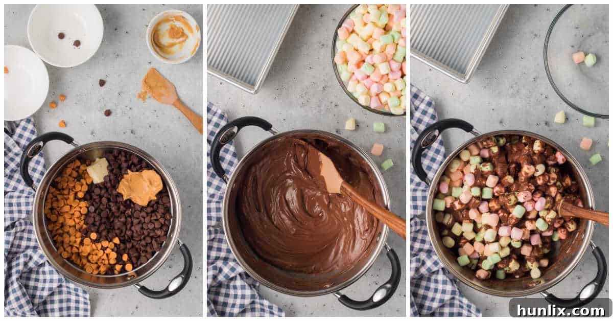 A collage showing the melting process of chocolate, butterscotch, and peanut butter in a pot.
