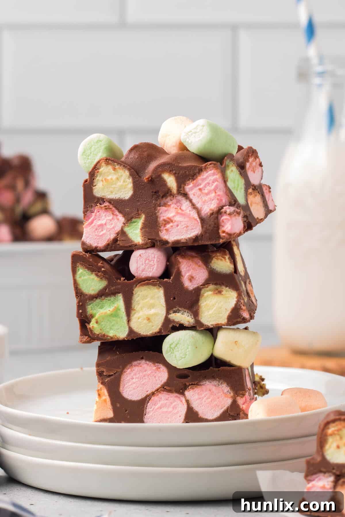 A delightful stack of homemade Chocolate Confetti Bars, ready to be enjoyed.