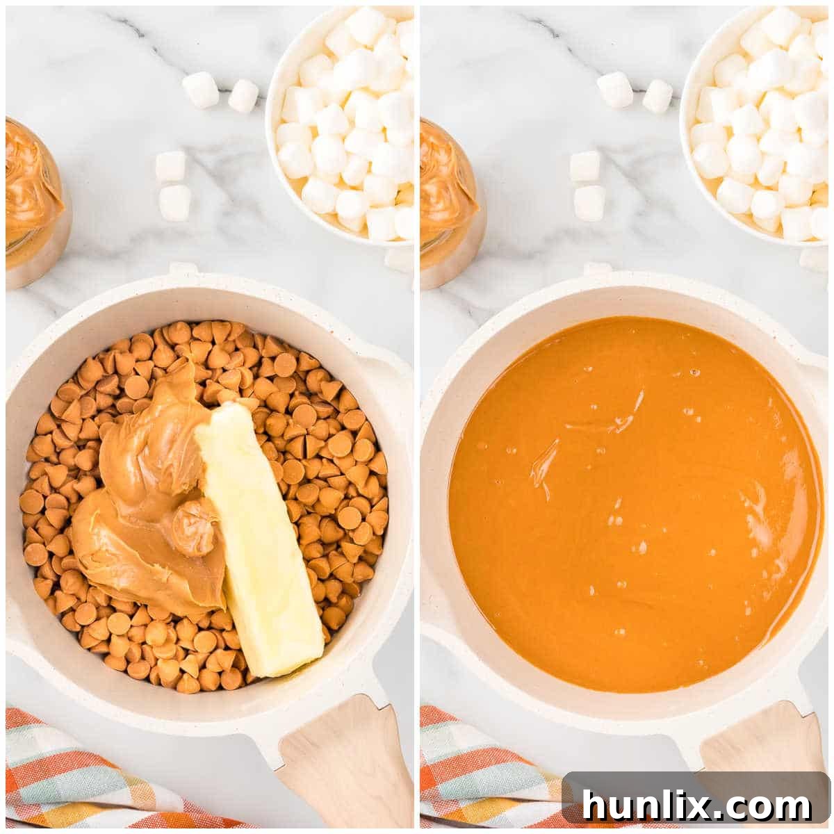 Collage of melting ingredients in a pot.