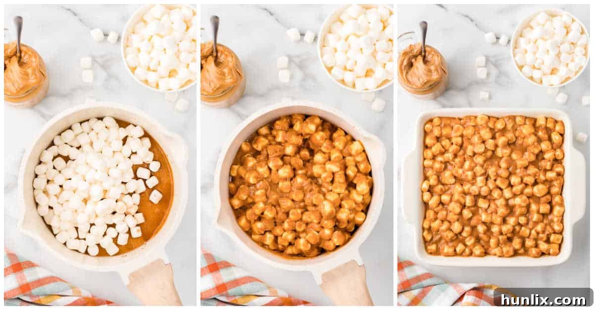 Collage of mixing ingredients in a pot and adding to a pan.