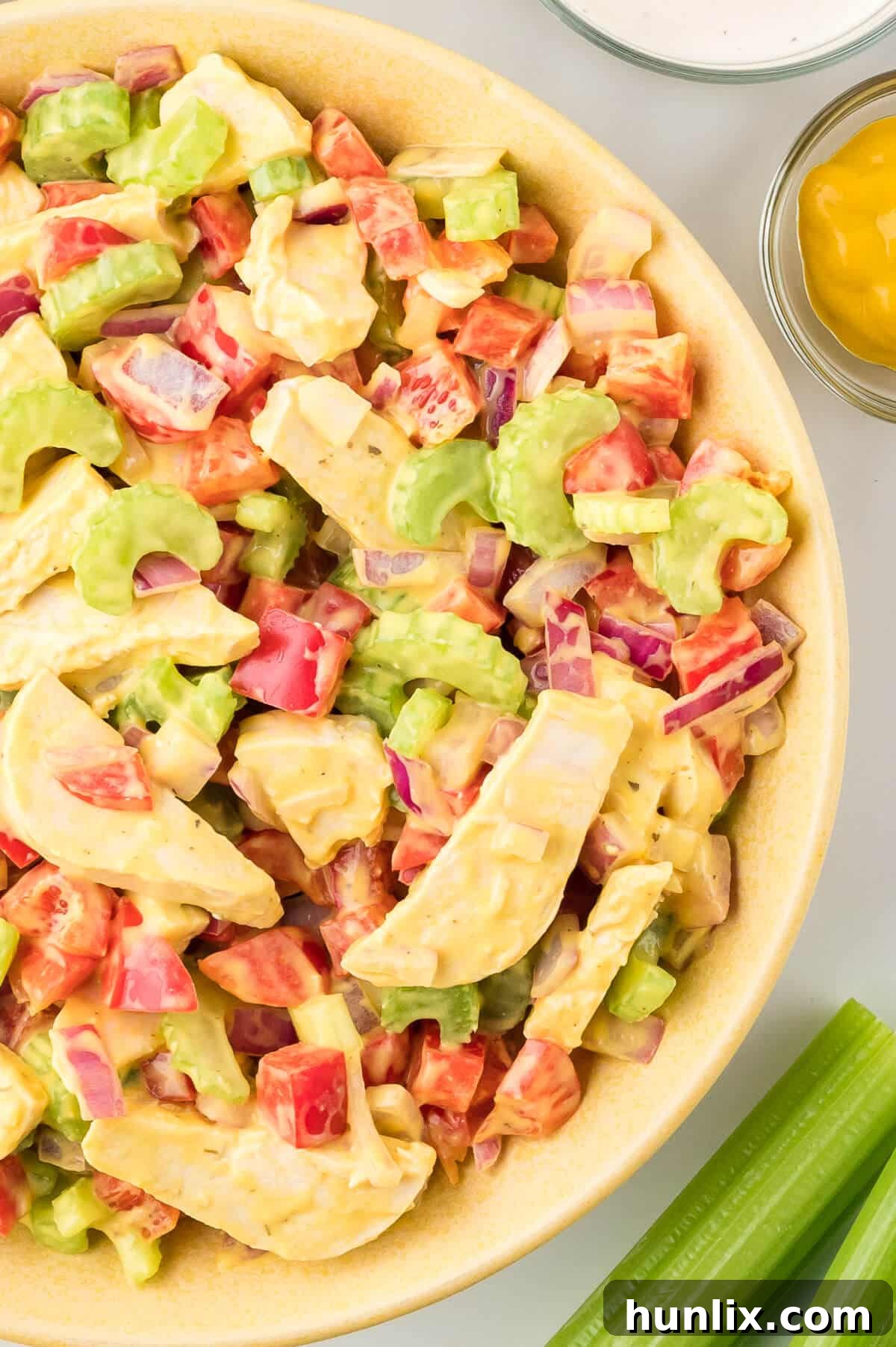 Mustard chicken salad in a bowl.