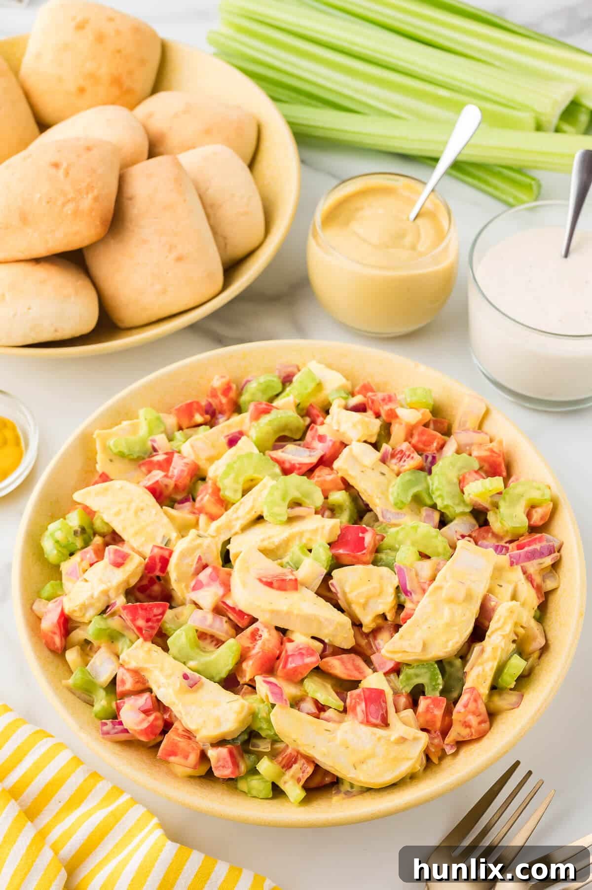 Mustard chicken salad in a bowl.