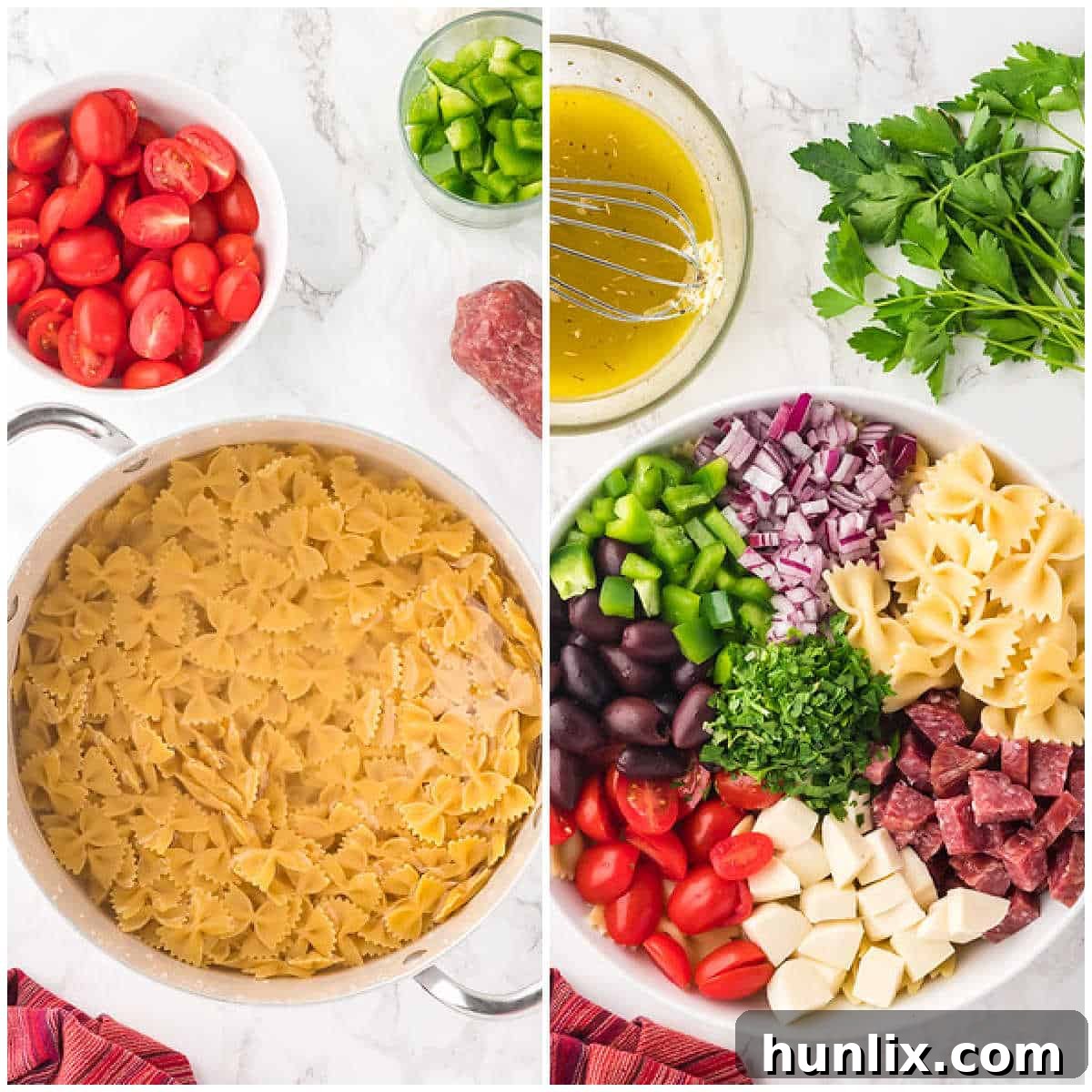 A collage showing cooked farfalle pasta and a bowl of mixed salad ingredients like cherry tomatoes, olives, cheese, and green pepper.