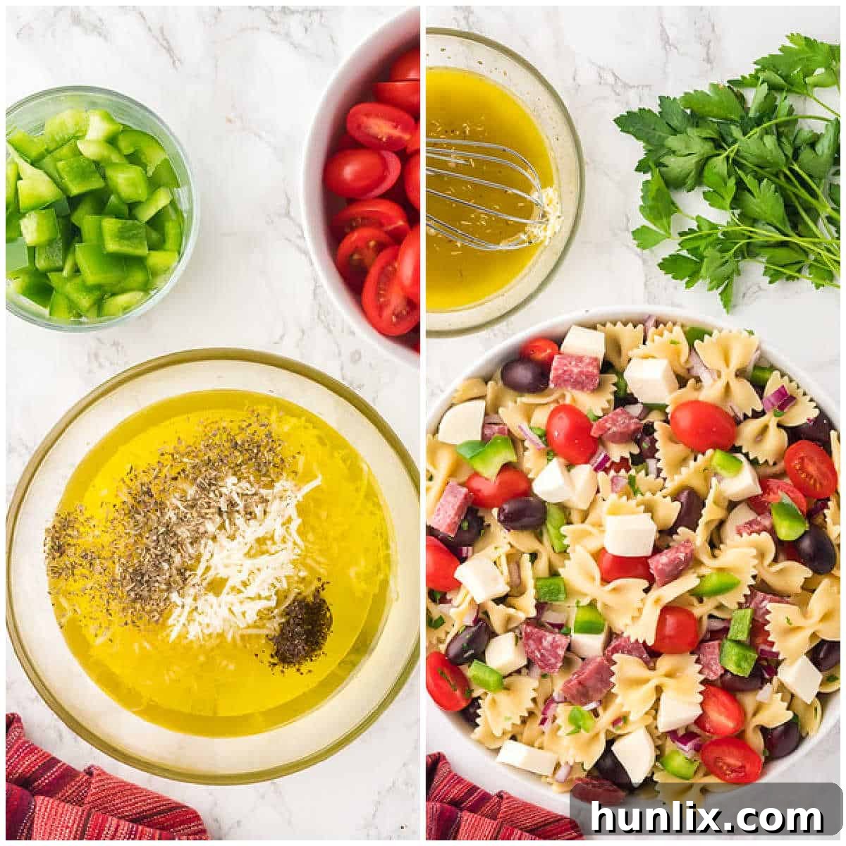 A collage showing the Italian vinaigrette being whisked in a bowl and the finished pasta salad ready to be served.
