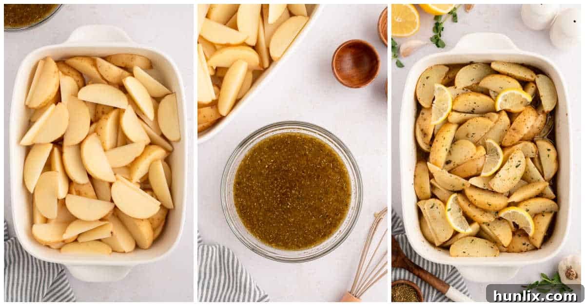 A step-by-step collage showing potatoes being cut, mixed with marinade in a pan, and baking in the oven.