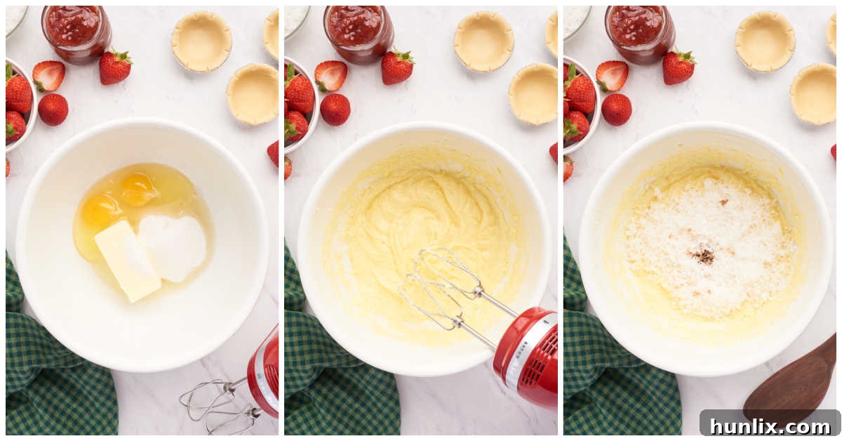 Close-up images showing the preparation stages of strawberry coconut tarts, including mixing ingredients.