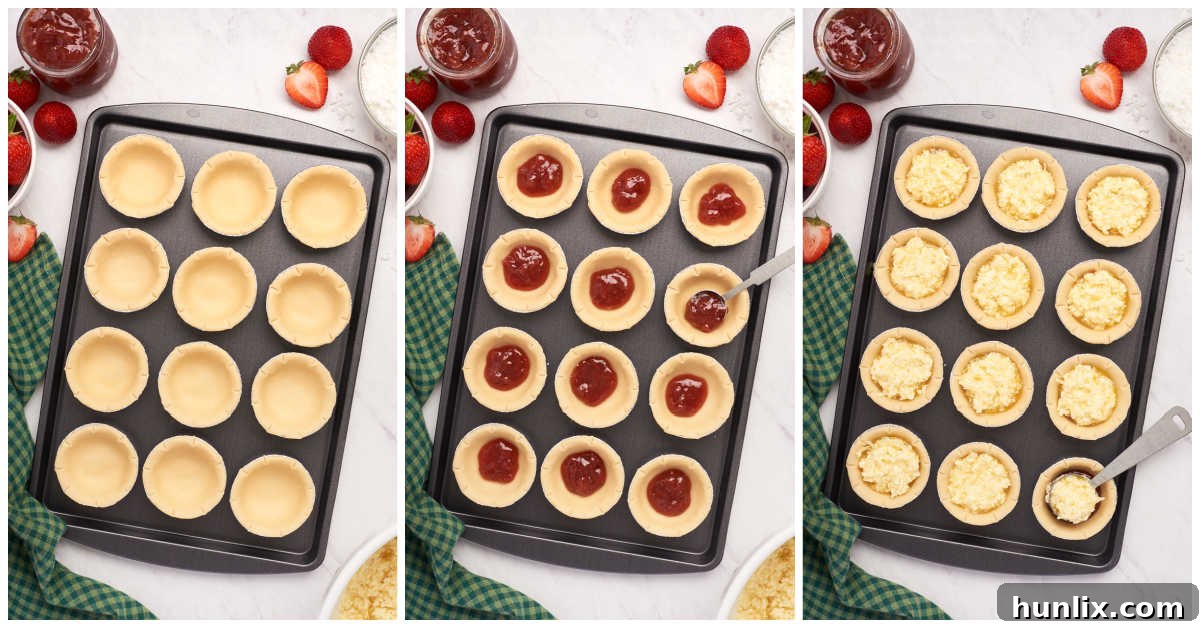 More close-up images depicting the assembly process of strawberry coconut tarts before baking.
