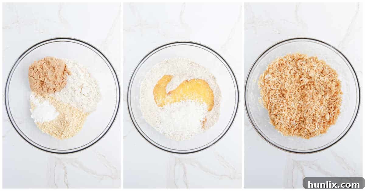 Blueberry Brittle Bake 4 First step of making Blueberry Crackle Cake: showing a bowl with dry ingredients and butter for the cracker mixture.