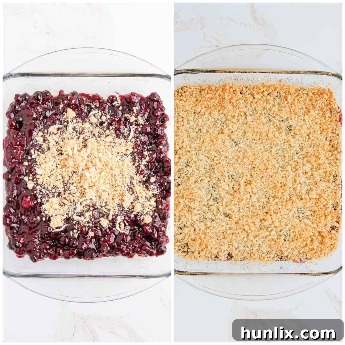 Blueberry Brittle Bake 6 Third step of making Blueberry Crackle Cake: showing the blueberry pie filling spread over the cracker base, and the remaining cracker mixture sprinkled on top.