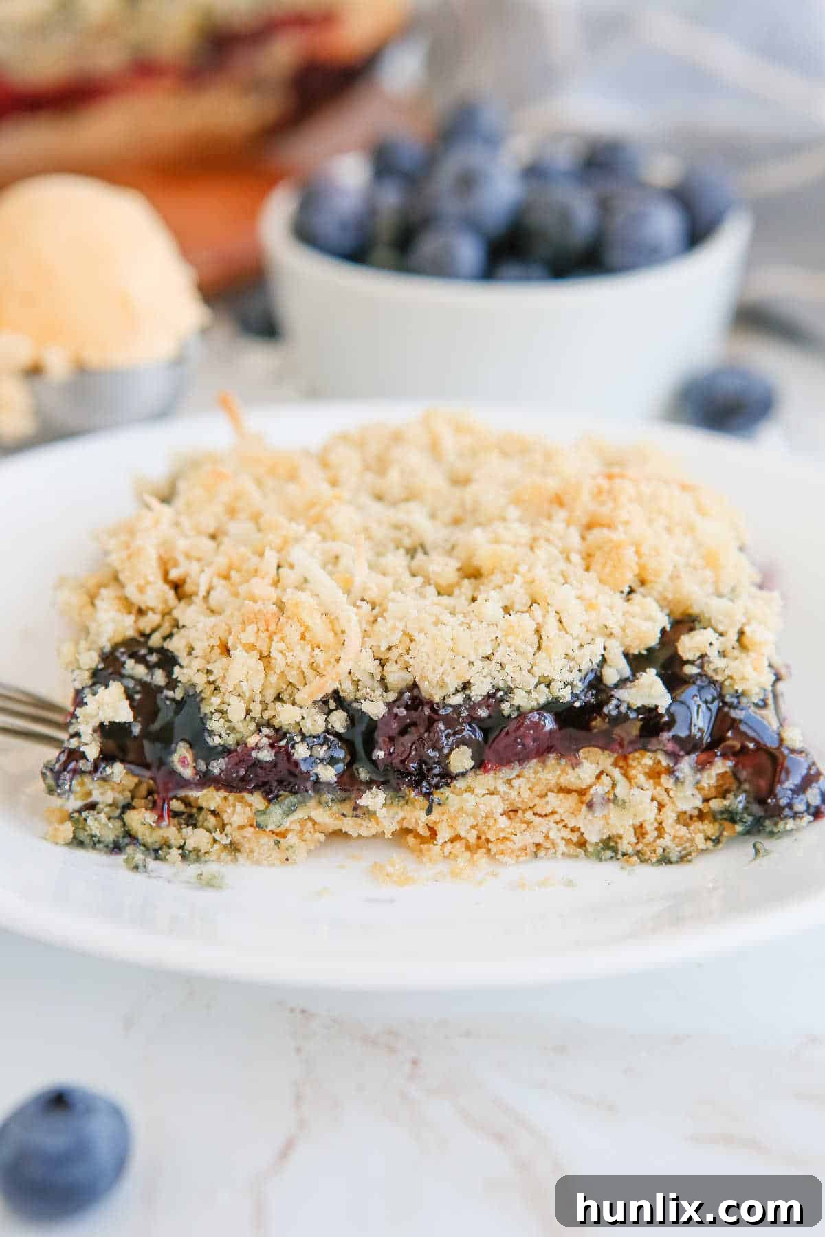 Blueberry Brittle Bake 7 A second view of a slice of Blueberry Crackle Cake on a plate, highlighting the crumbly texture and juicy filling.