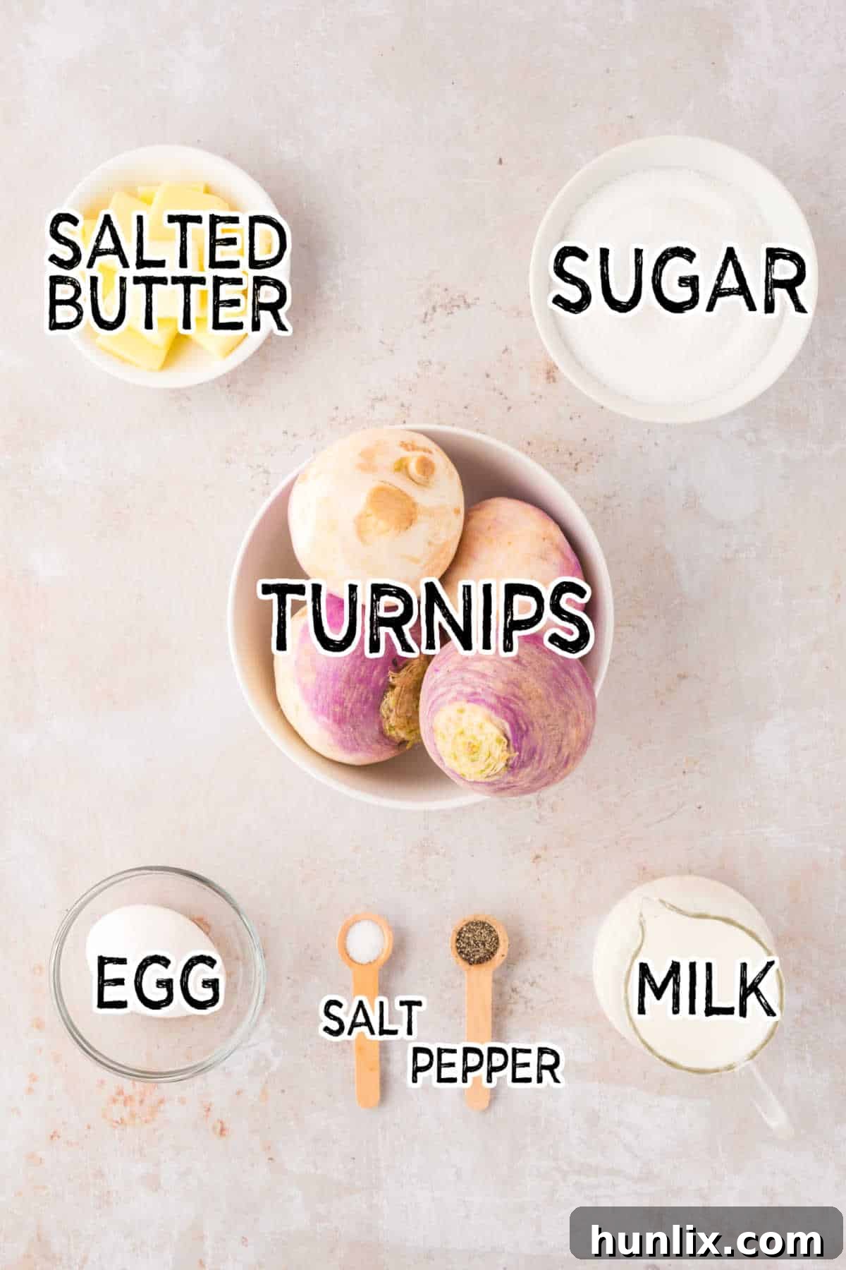 Golden Turnip Delight 3 A collection of fresh ingredients laid out, including turnips, sugar, milk, butter, and an egg, ready to be combined for the turnip casserole.