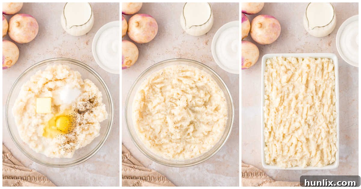 Golden Turnip Delight 4 A visual guide showing the steps to prepare turnip casserole, from mixing ingredients to placing it in a baking dish.