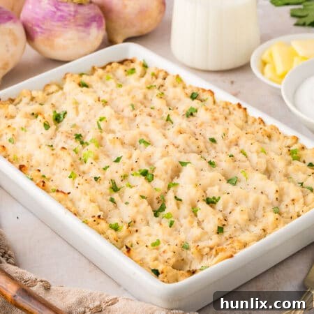 Turnip casserole in a white pan.