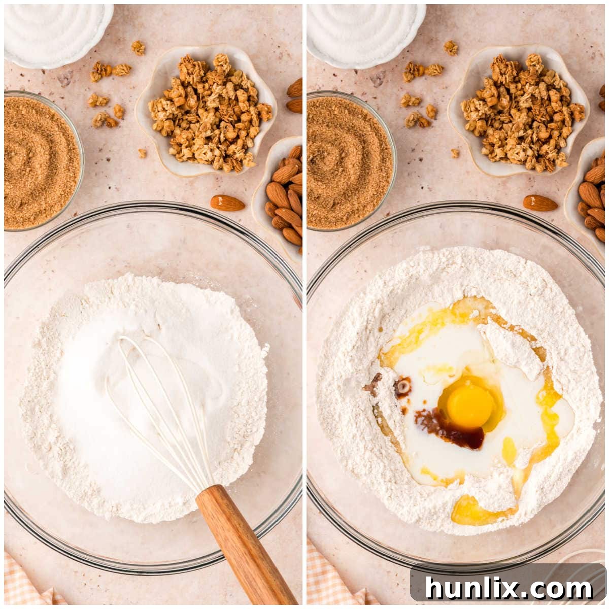 Collage of mixing ingredients in a bowl.