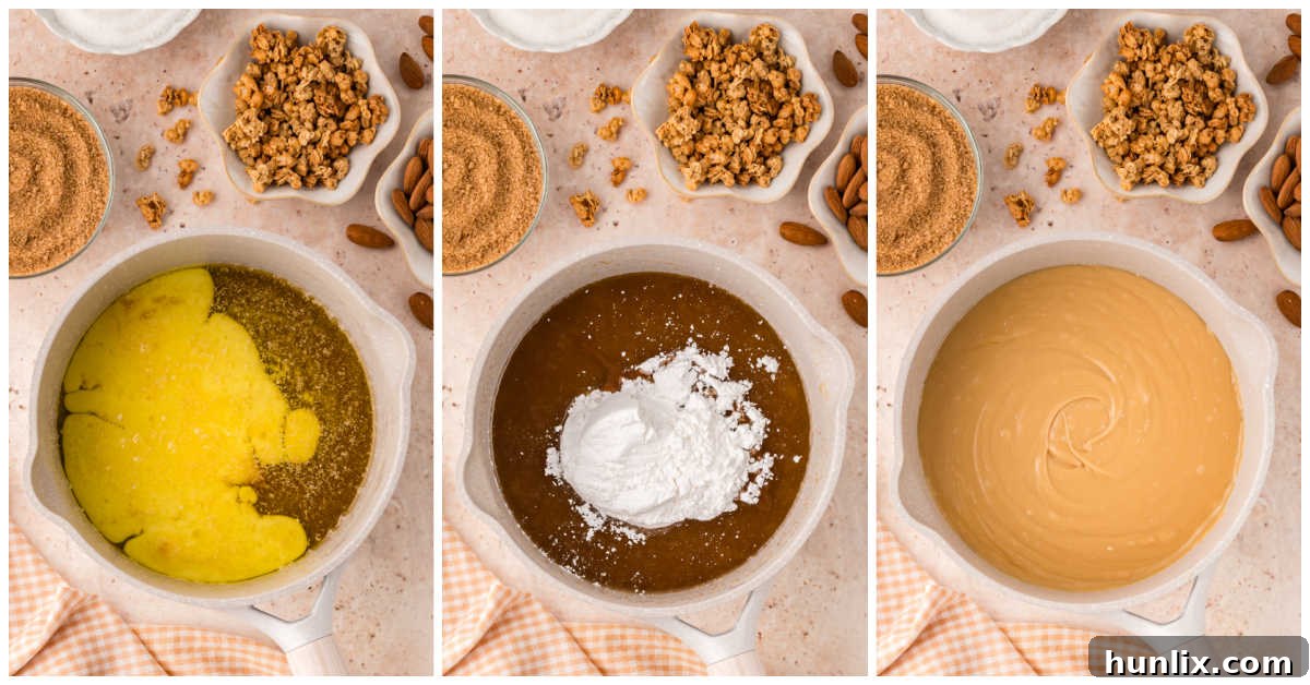 Collage of making the glaze in a pot.