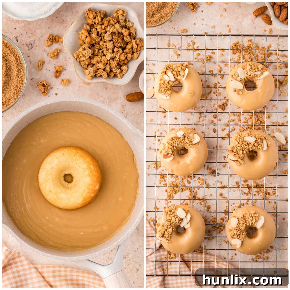 Collage of glazing the donuts.