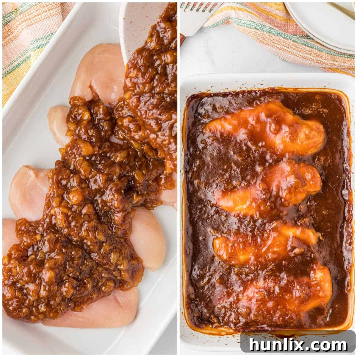 Island Style Chicken 5 Hawaiian chicken breasts covered in sauce in a casserole dish before baking.