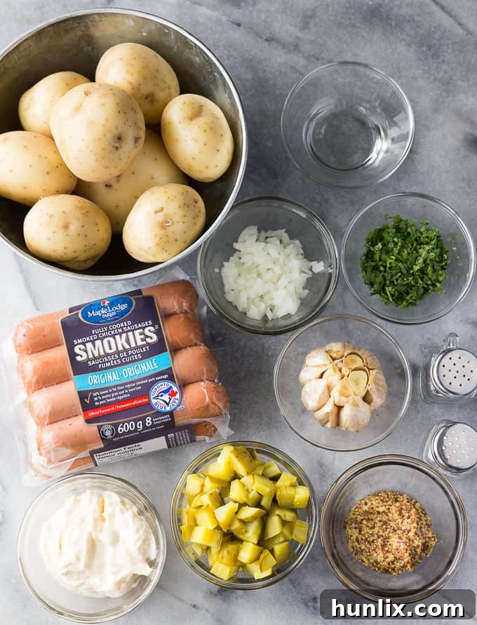 German Comfort Plate: Sausage and Potato Salad 2 Creamy German Sausage & Potato Salad featuring Maple Lodge Farms Smokies, a perfect smoky and savory side for any BBQ.
