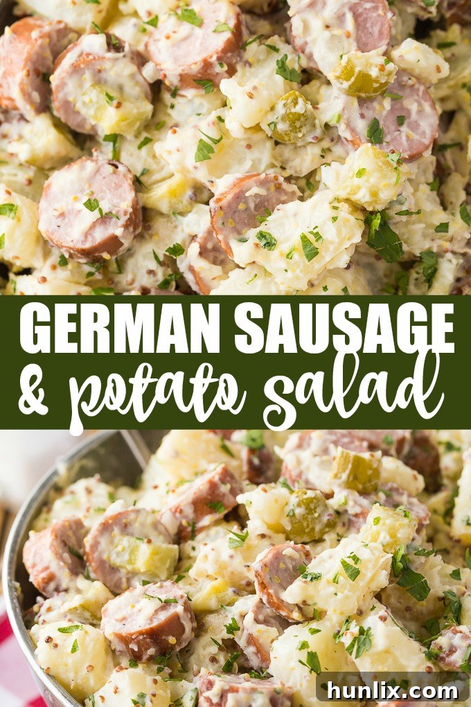 German Comfort Plate: Sausage and Potato Salad 8 A collage featuring the key components and final dish of the German Sausage & Potato Salad, highlighting its vibrant ingredients.