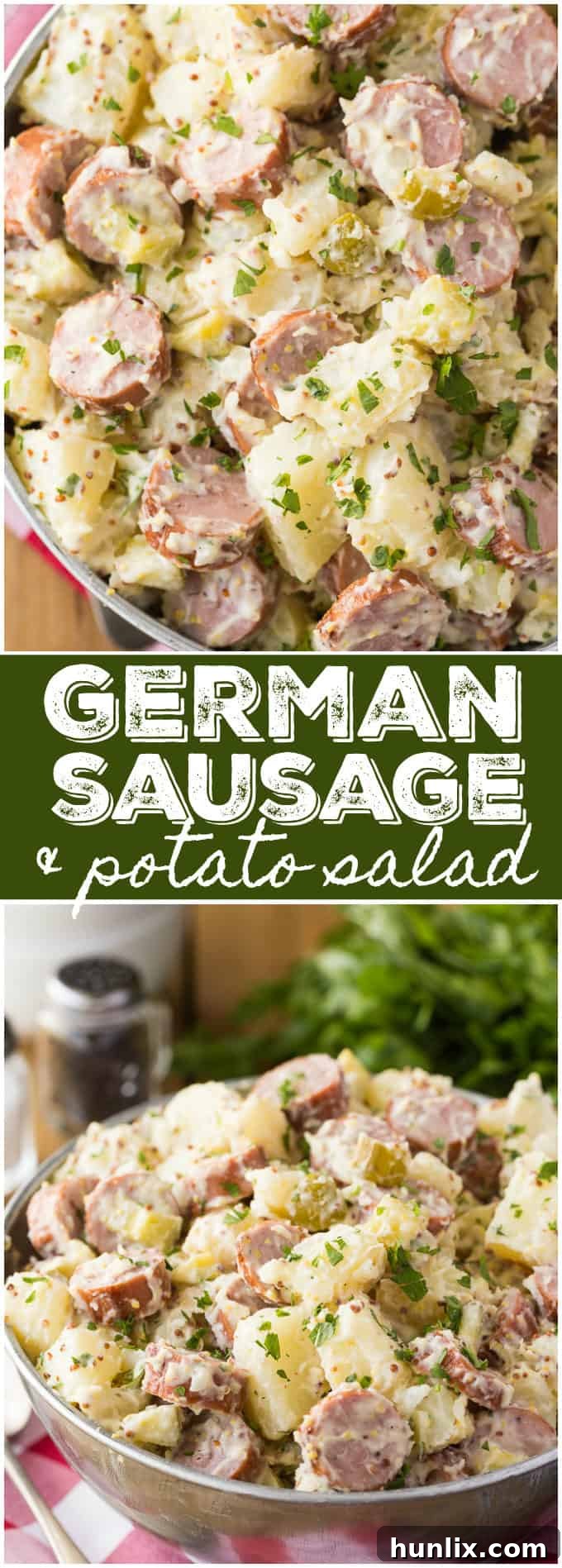German Comfort Plate: Sausage and Potato Salad 9 A vibrant collage featuring the German Sausage & Potato Salad with all its delicious components and textures.