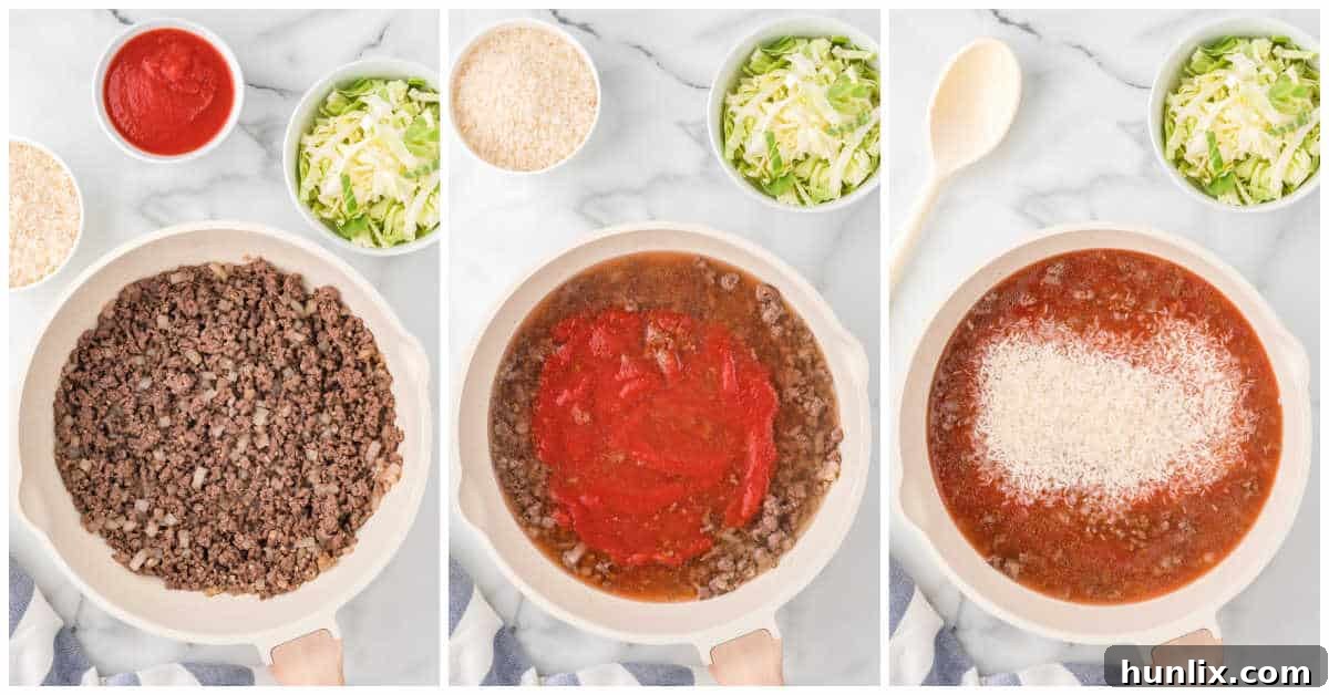 A visual collage showing the stages of cooking ground beef with onions, garlic, and seasoning in a skillet, then adding tomato sauce, water, and rice to simmer, creating the flavorful base for the cabbage roll casserole.