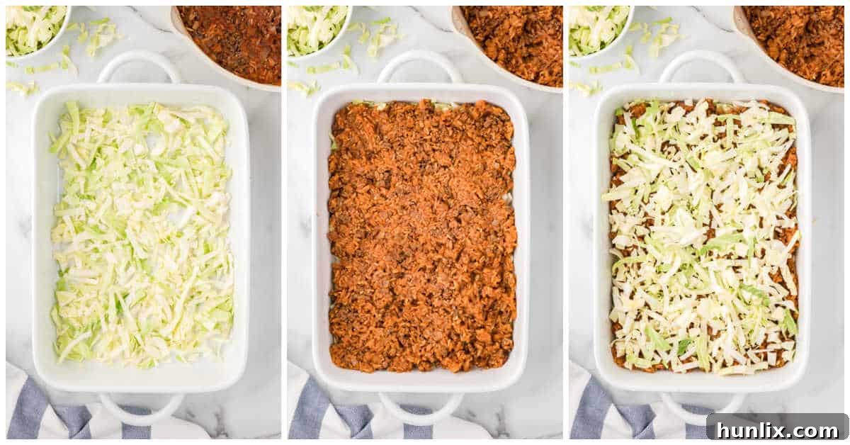 A visual guide showing the layering process for Cabbage Roll Casserole: first, spreading shredded cabbage in a baking dish, then covering it with the prepared beef and rice mixture, repeating the steps.