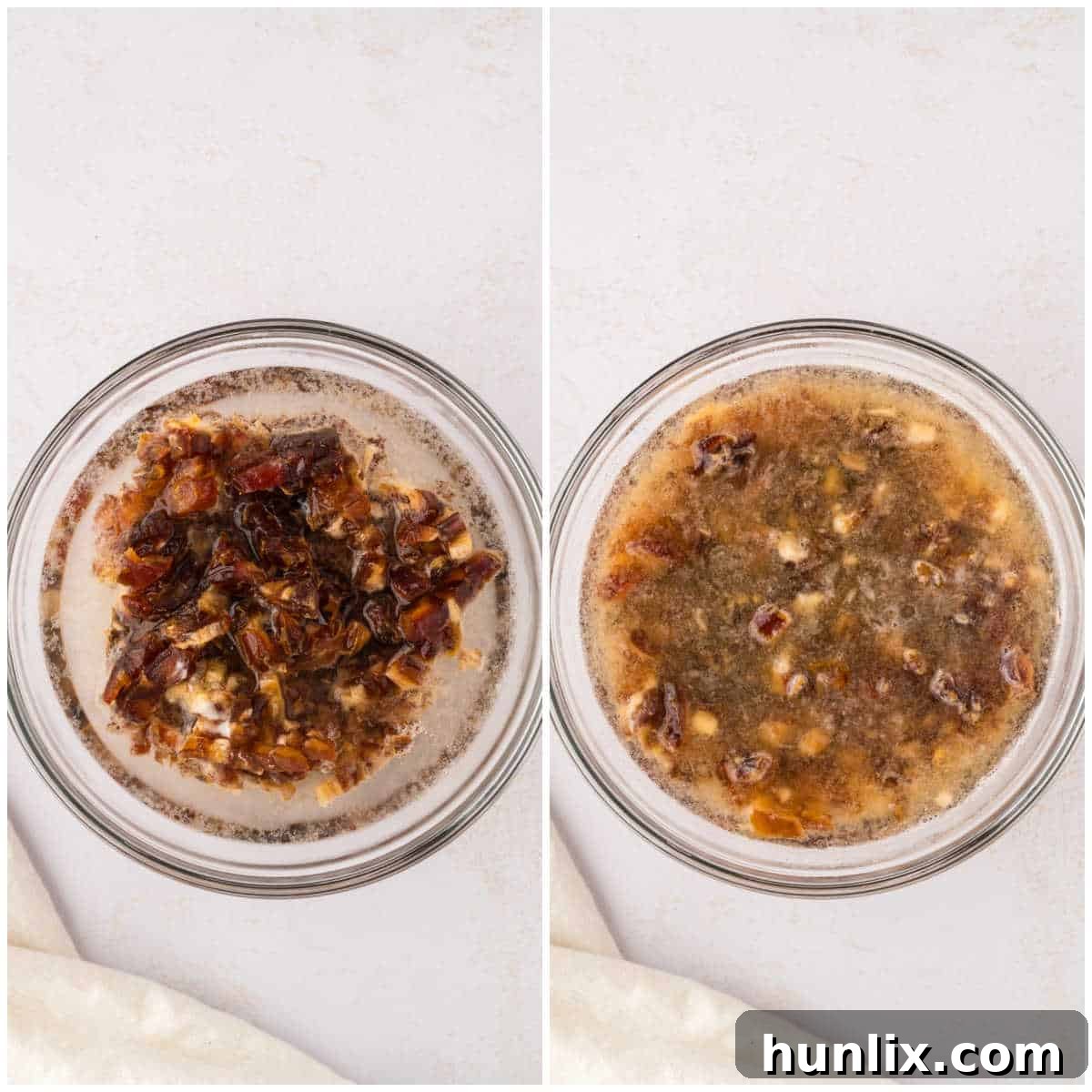 Mystery Chocolate Bars 4 A collage showing the preparation of dates with boiling water and baking soda in a bowl.