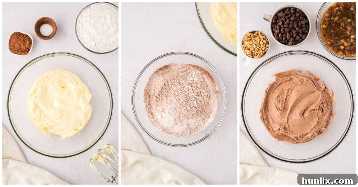 Mystery Chocolate Bars 5 A collage showing the process of mixing wet and dry ingredients for the chocolate bar batter.