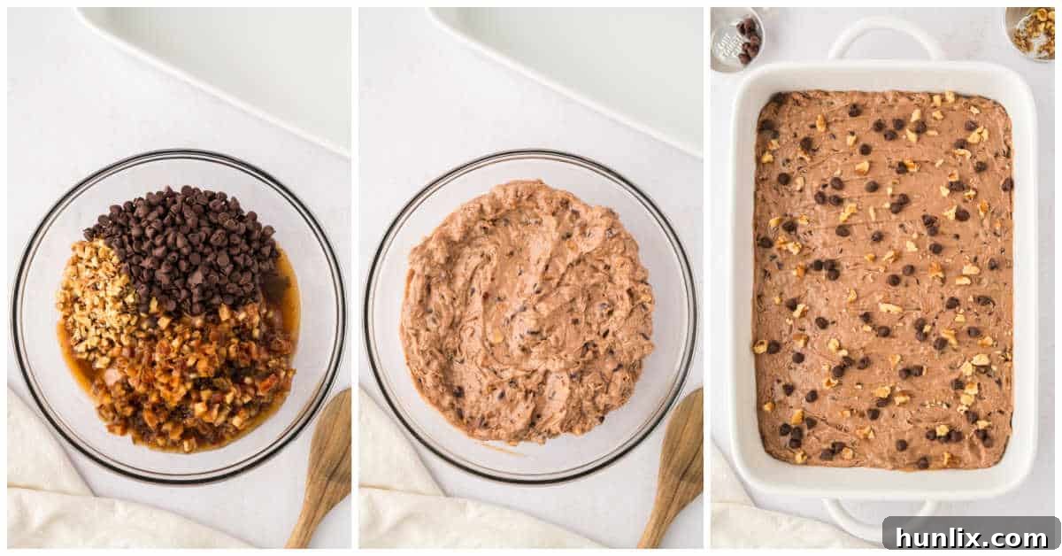 Mystery Chocolate Bars 6 A collage showing the final mixing of batter, pouring into a baking pan, and baking.