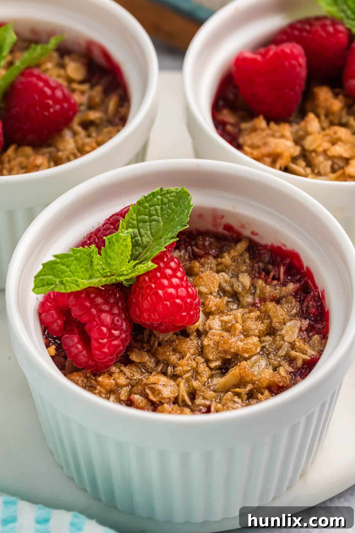 Raspberry crisp in a ramekin, showcasing its golden topping and juicy filling.