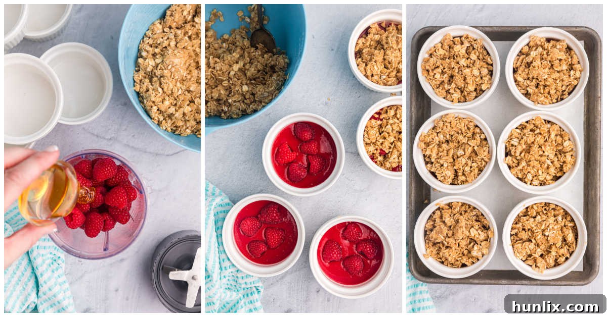 Steps to make individual raspberry crisp shown in a collage of images.