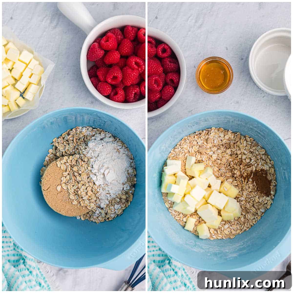 Close-up step-by-step images of making the crumble topping for raspberry crisp.