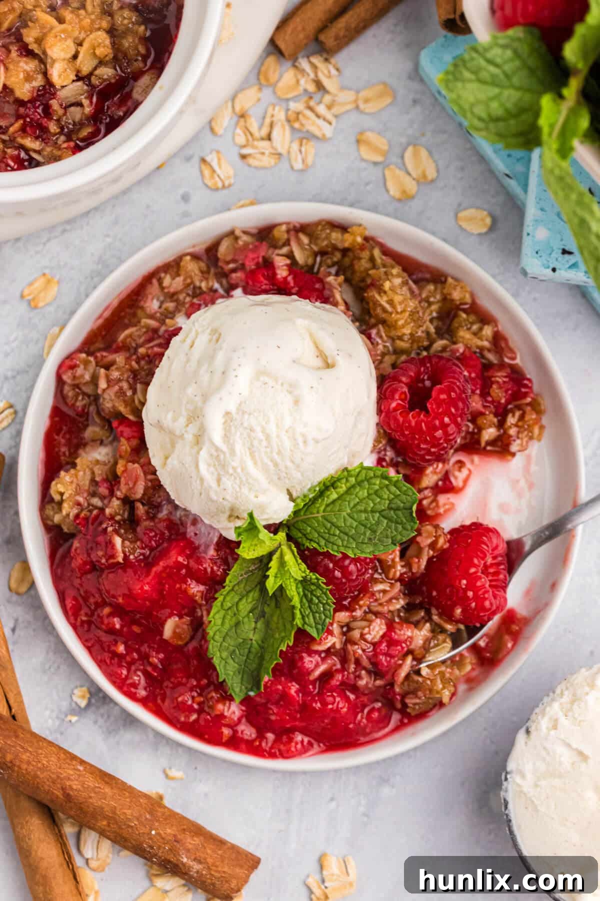 A plate of individual raspberry crisp topped with a generous scoop of vanilla ice cream and fresh mint.