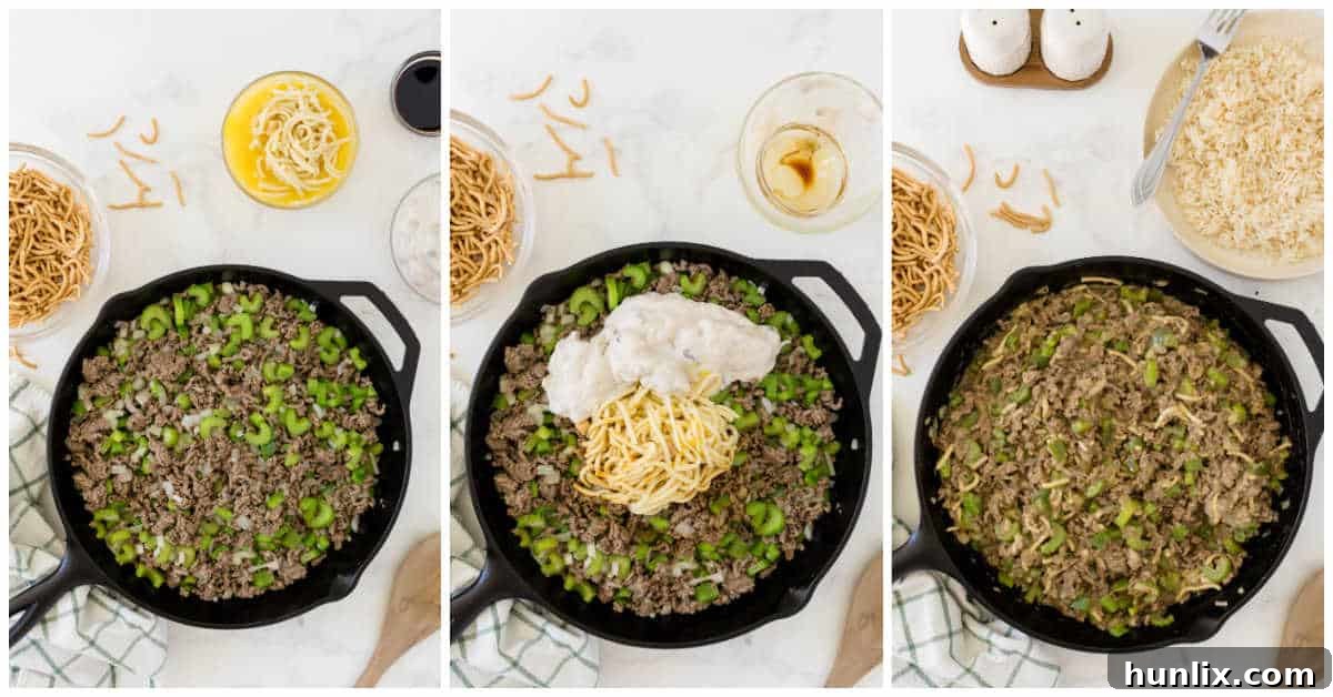 One-Pan Chow Mein 4 Step-by-step images showing ground beef browning, vegetables added, and the soup base being stirred into the Chow Mein Skillet.