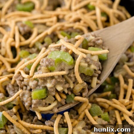 Close-up of Chow Mein Skillet in a pan with a wooden spoon.