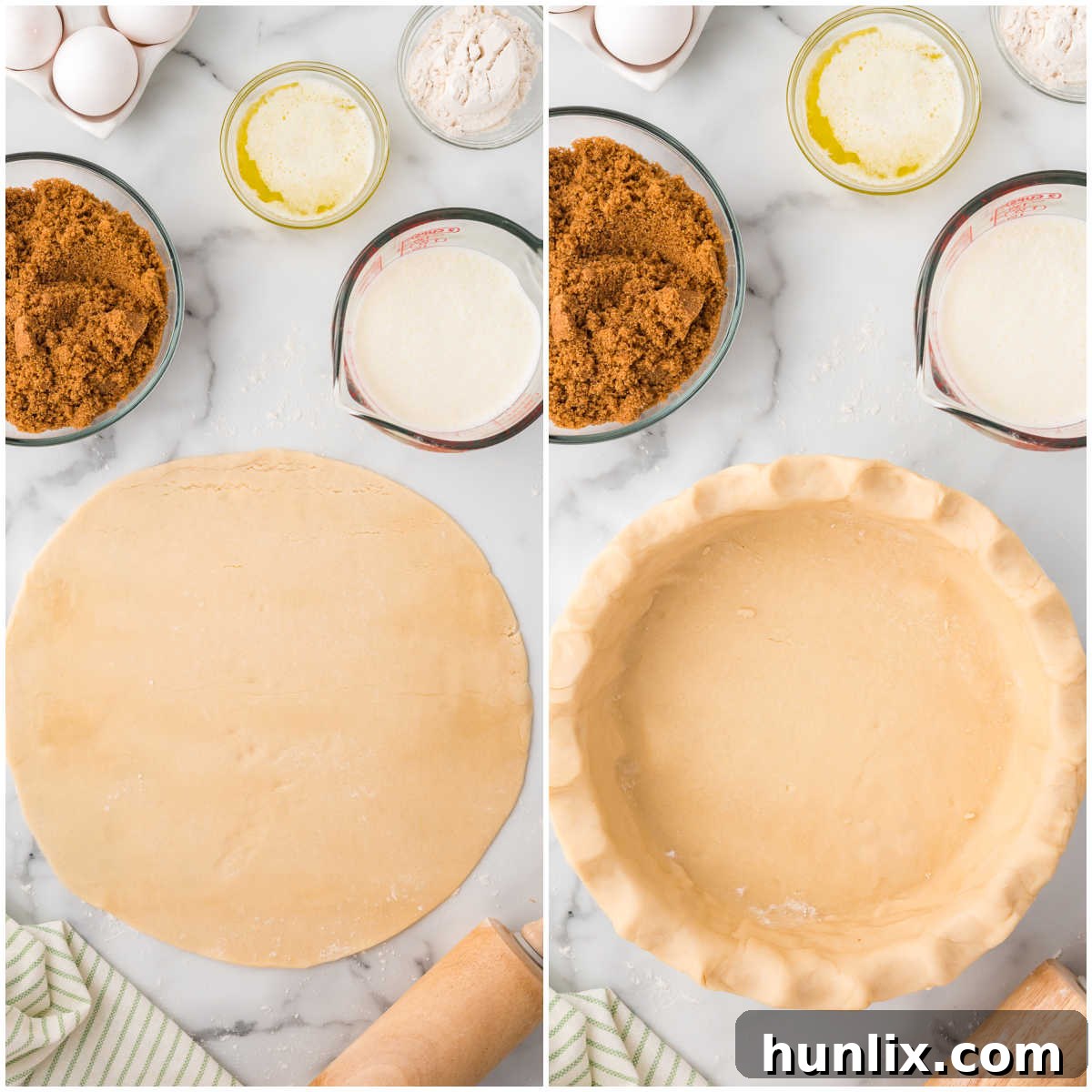 Preparation steps showing pie crust being pressed into a pie dish.