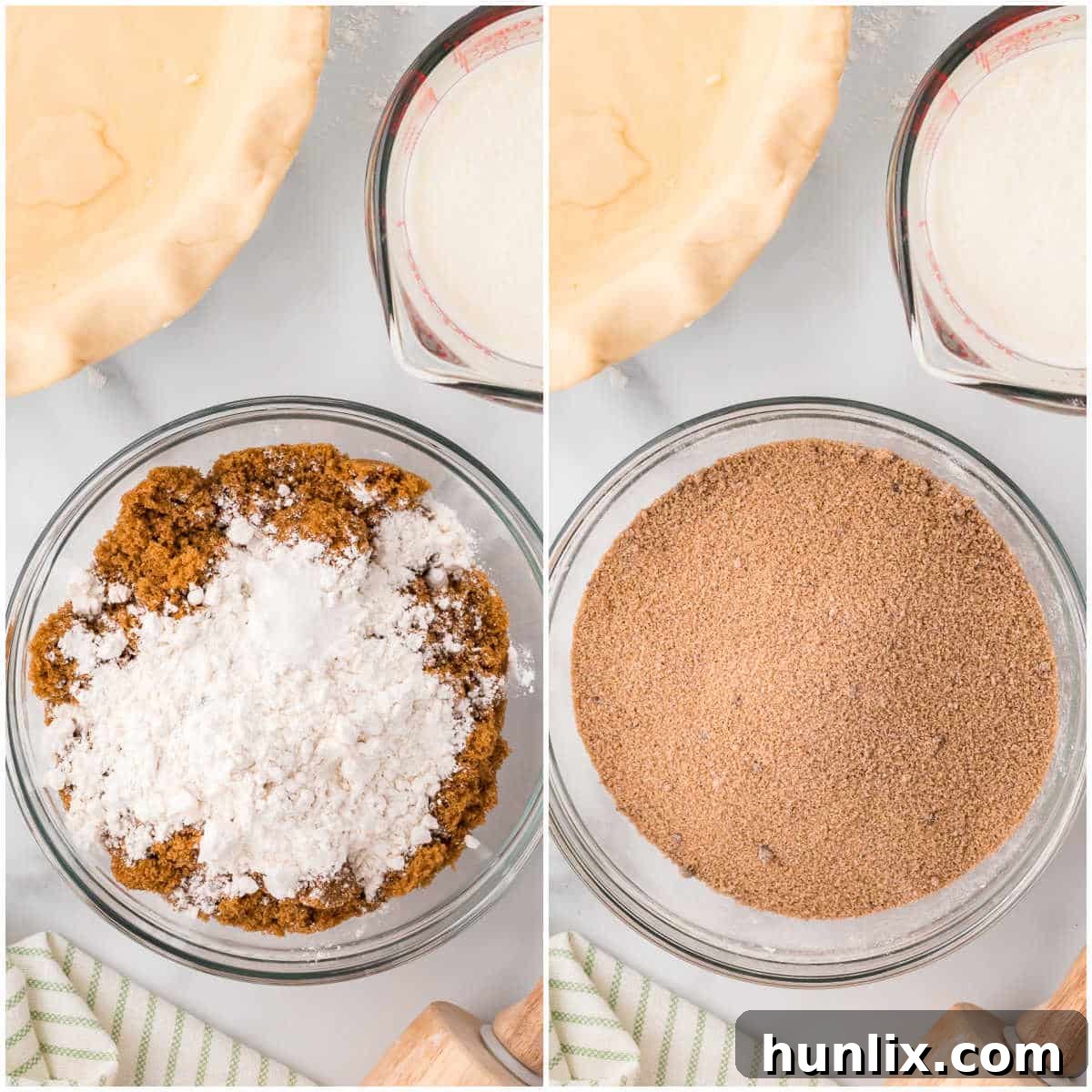 Preparation steps showing dry ingredients (brown sugar, flour, salt) in a mixing bowl.