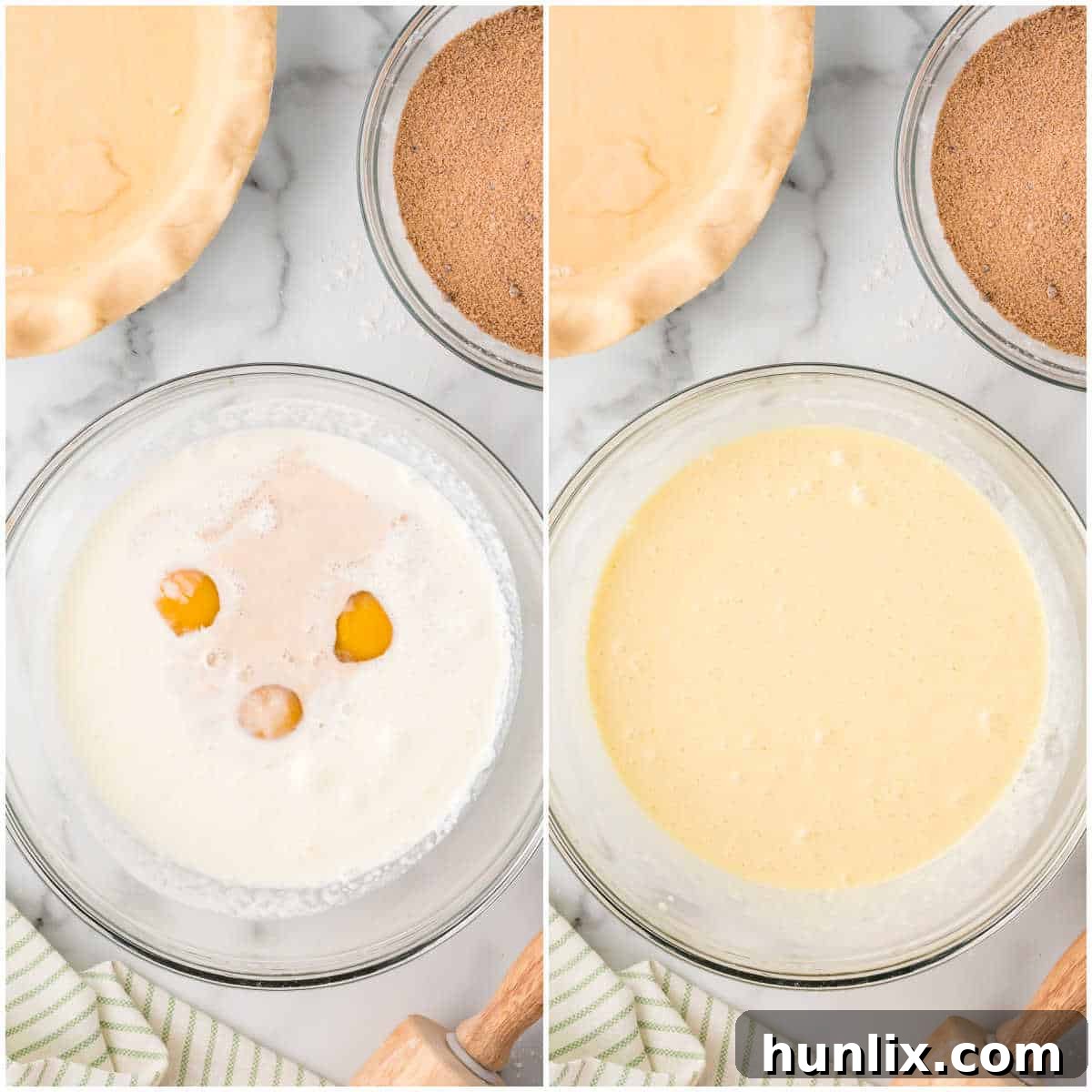 Preparation steps showing wet ingredients (cream, butter, eggs, vanilla) being whisked.