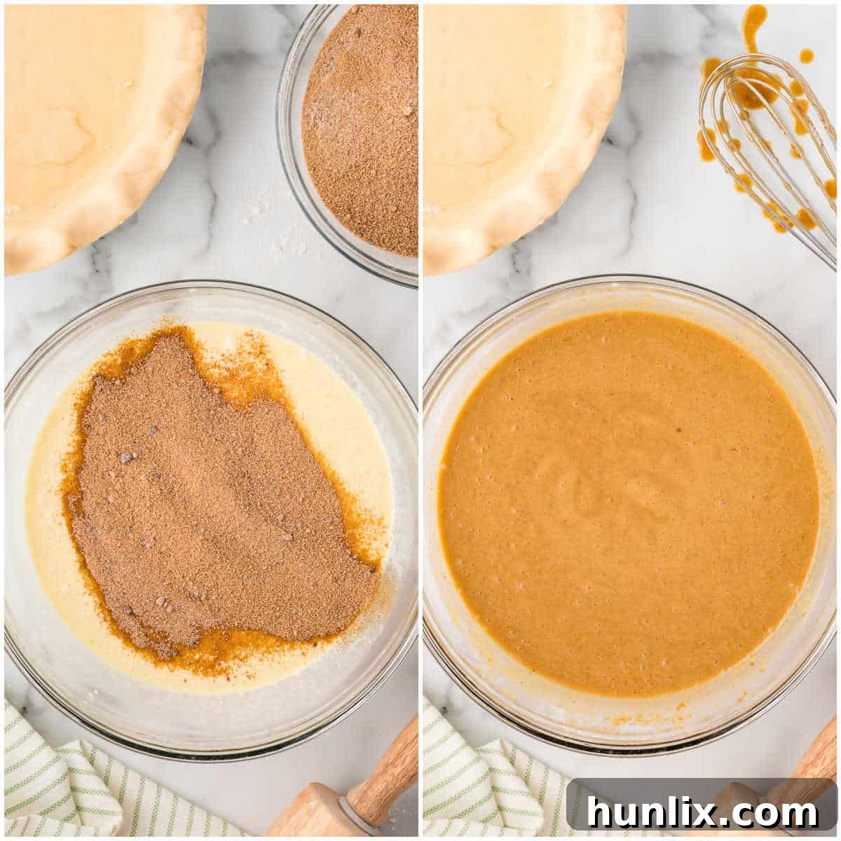 Preparation steps showing dry ingredients gradually added to wet ingredients and whisked.