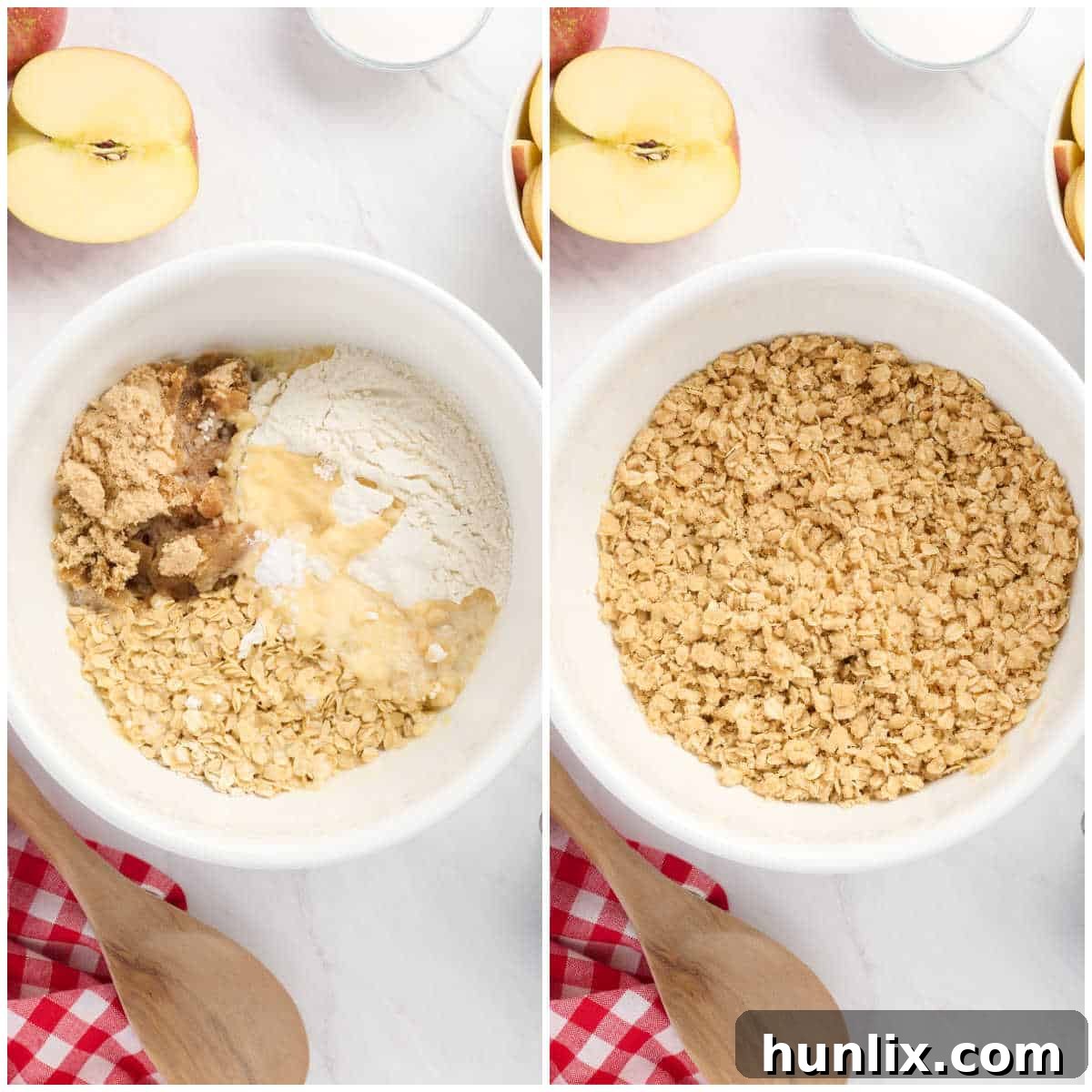 A visual collage illustrating the initial steps of making apple crisp bars, from mixing the oat topping ingredients to pressing the first layer into a baking pan.