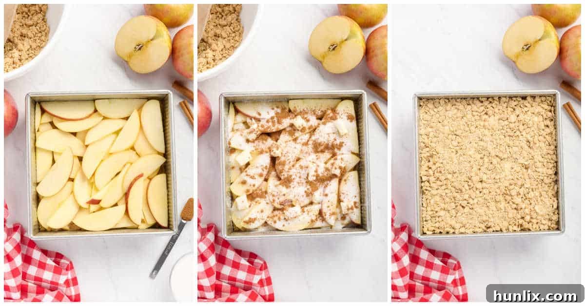A collage demonstrating the process of adding the apple layer, butter dots, and cinnamon-sugar, followed by the final oat mixture topping in a baking pan.