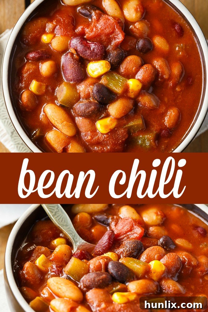Hearty Bean Chili 6 Bean Chili - The heartiest meat-free chili recipe! Use four different kinds of canned beans in this comfort food classic with peppers, corn, and tomatoes.