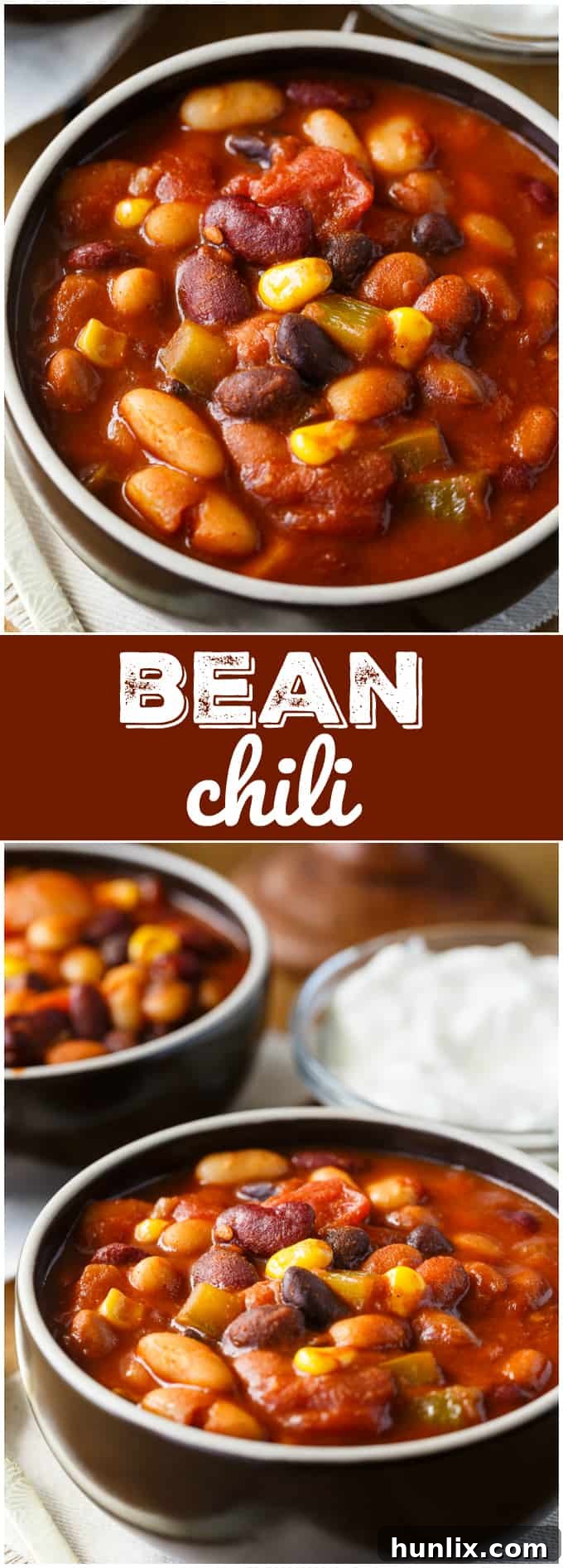 Hearty Bean Chili 7 Bean Chili - The heartiest meat-free chili recipe! Use four different kinds of canned beans in this comfort food classic with peppers, corn, and tomatoes.