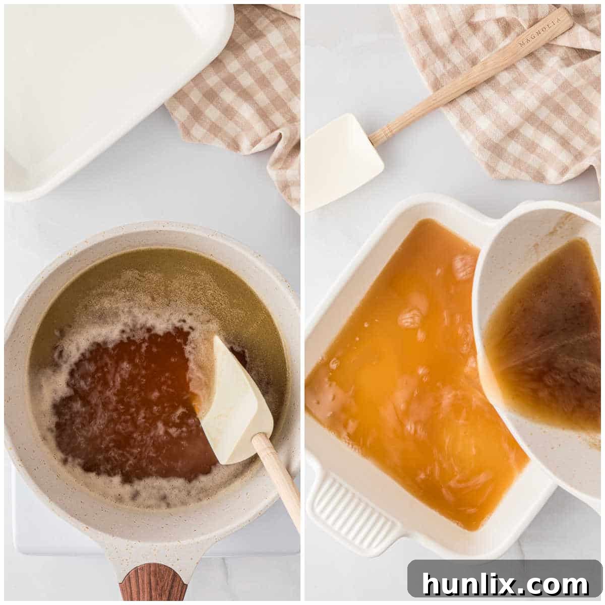 The process of preparing Radio Pudding, showing ingredients being mixed and the sauce poured into a baking dish.